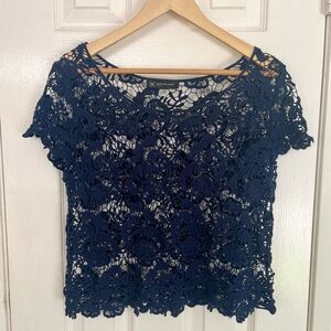 INC International Concepts Petite Top PM Navy Blue Floral Crochet Lace
